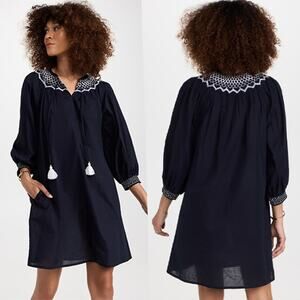 NWT Figue Charlie Split Neck Relaxed Fit Half Sleeve Midnight Navy Mini Dress